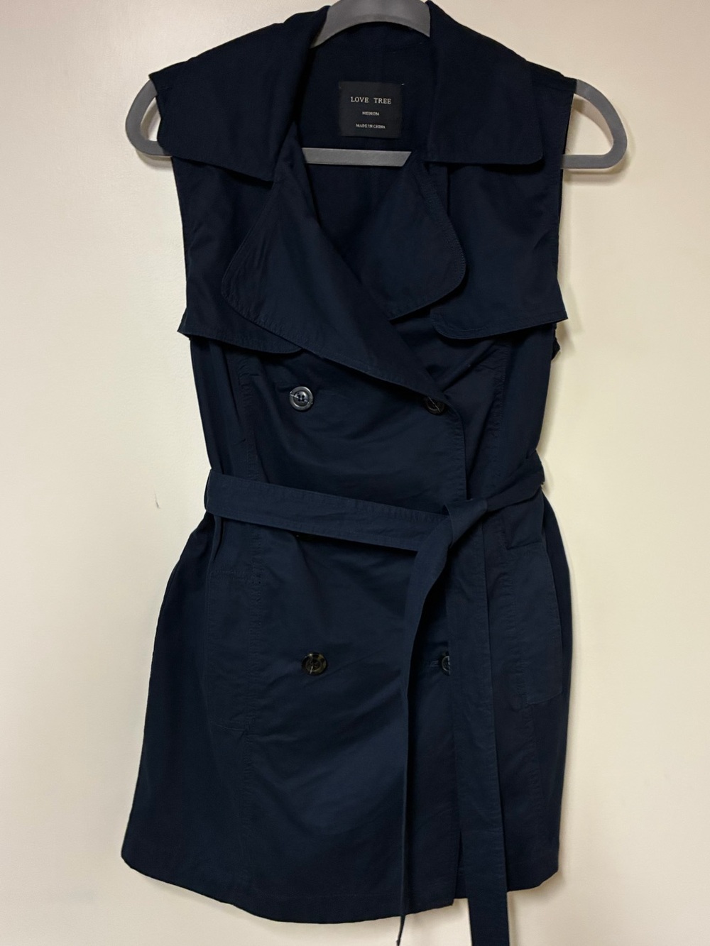 Love Tree Navy Double-Breasted Sleeveless Trench Vest